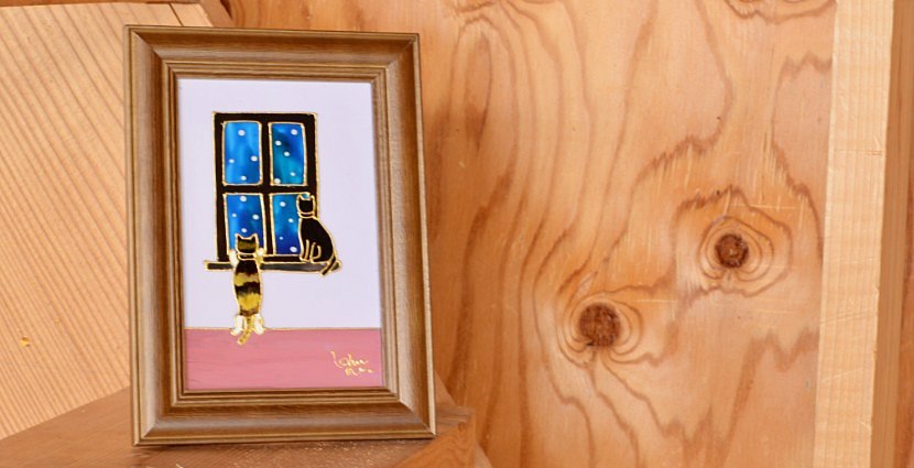 木村　由紀子作　ガラス絵　猫シリーズ　木の雰囲気と合います